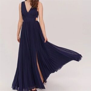 Fame and Partners The Lexus Chiffon Gown in Navy Blue Pleated Maxi With Slit
